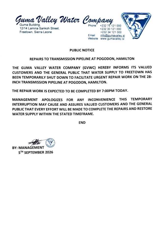Guma Valley Shut Downs Water Supply to Parts of Freetown